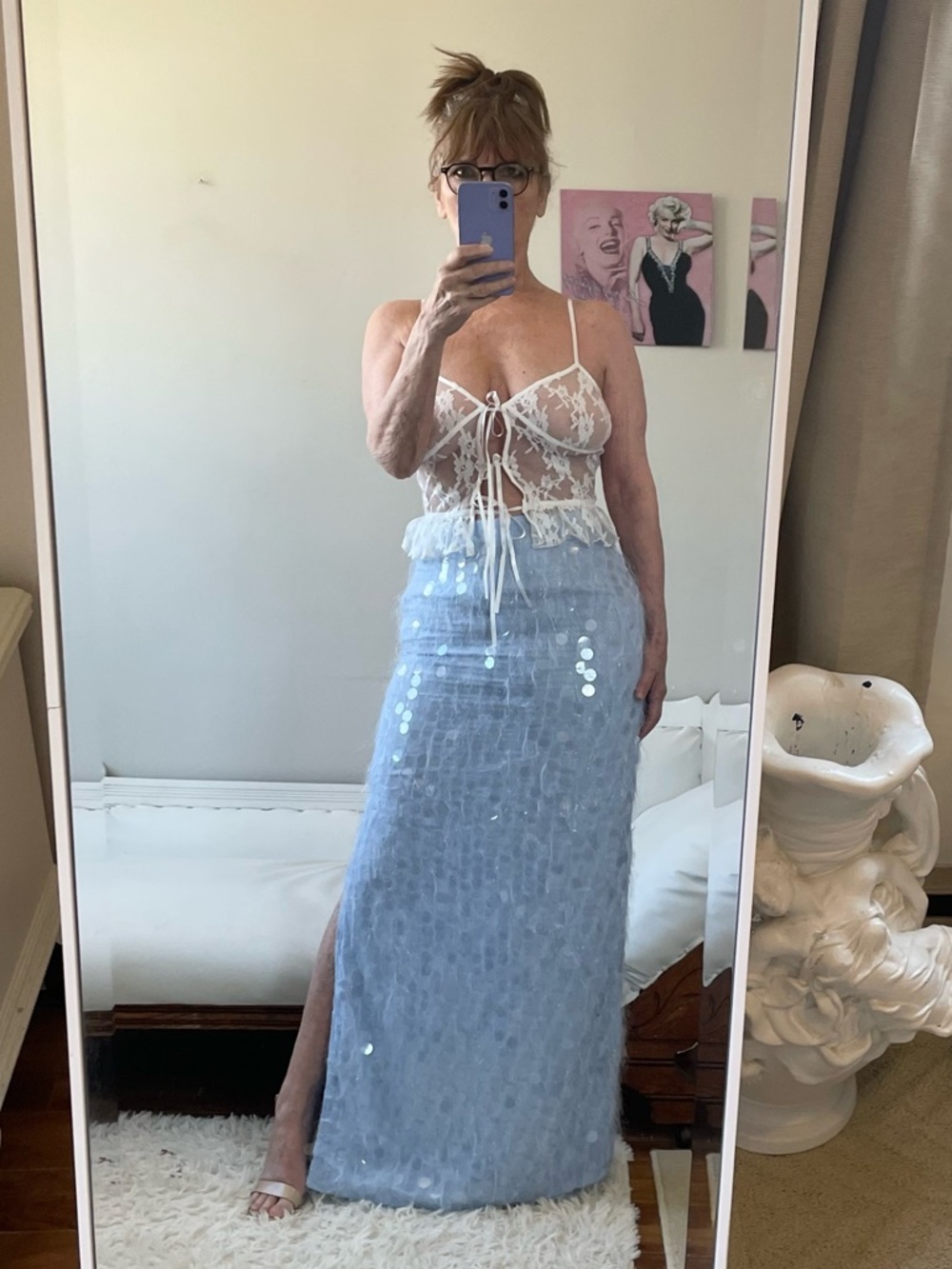 NWT KYLEIGH PEPPERMAYO BLUE LAVENDER MIST MAXI SKIRT CLEAR SEQUINS SLIT TEXTURED
